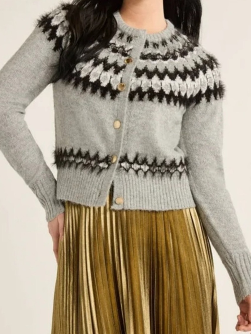 Free Assembly Fair Isle Button Down Cardigan Sweater Gray Black Size Large